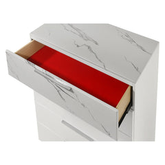 Hecuba Chest White – Two-Tone High-Gloss Marble & Lacquer Finish with Five Smooth-Glide Drawers, Velvet-Lined Top Drawer