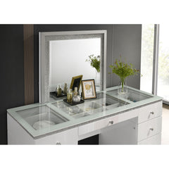 Contemporary Style 1pc Vanity Tempered Glass Top Ball Bearing Glides High Gloss Finish Stainless Steel Beveled Mirror White Finish Bedroom Furniture