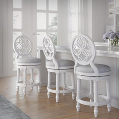 26" Wood Counter-Height Bar Stool with Back and Swivel Upholstered Seat, Farmhouse White, 1PC