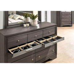 Gray Color Dresser w Mirror Set Hidden Jewelry Drawer English Dovetail Silver Accents Round Knobs Bedroom Furniture