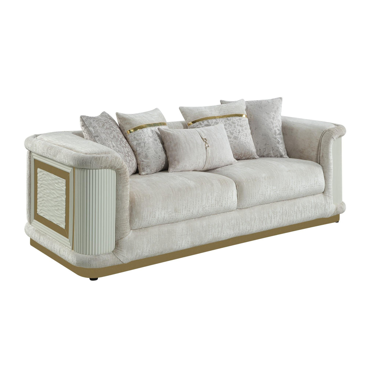 Asgard Contemporary Style Sofa with rich beige color fabric, gold-accented framing, and distinctive diamond-pattern panels