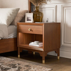 Revelation Century Modern Style 1pc Nightstand English Dovetail Drawer USB Port Gold Capped Legs Walnut Finish Bedroom Furniture