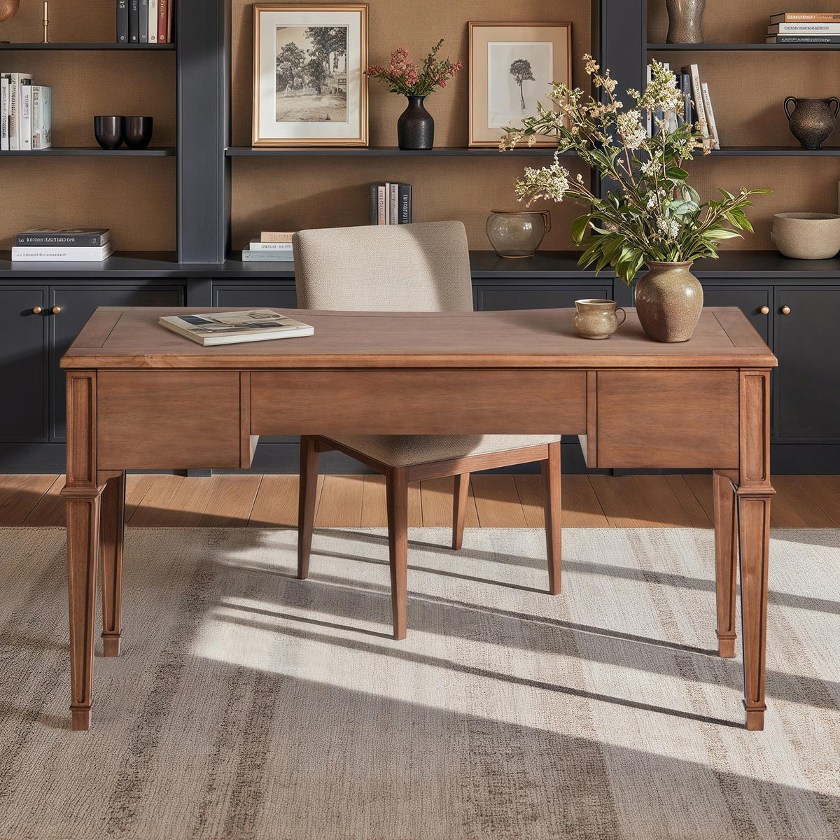 Zeus 55" 3-Drawer Wood Executive Desk Brown Rubber Wood & Veneer