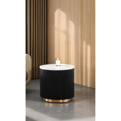 Contemporary Style 1pc Round End Table Marble Top Gold Accent Plinth Base Black White And Gold Finish Primary Living Room