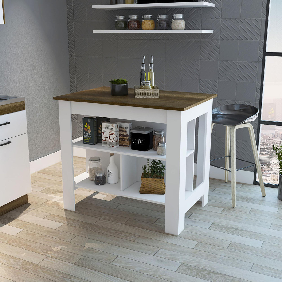 Astyanax Kitchen Island, Four Legs, Three Shelves -White / Walnut
