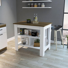 Astyanax Kitchen Island, Four Legs, Three Shelves -White / Walnut