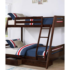 Transitional Bunk Bed Espresso Finishing And Underbed Drawers Angled Ladder