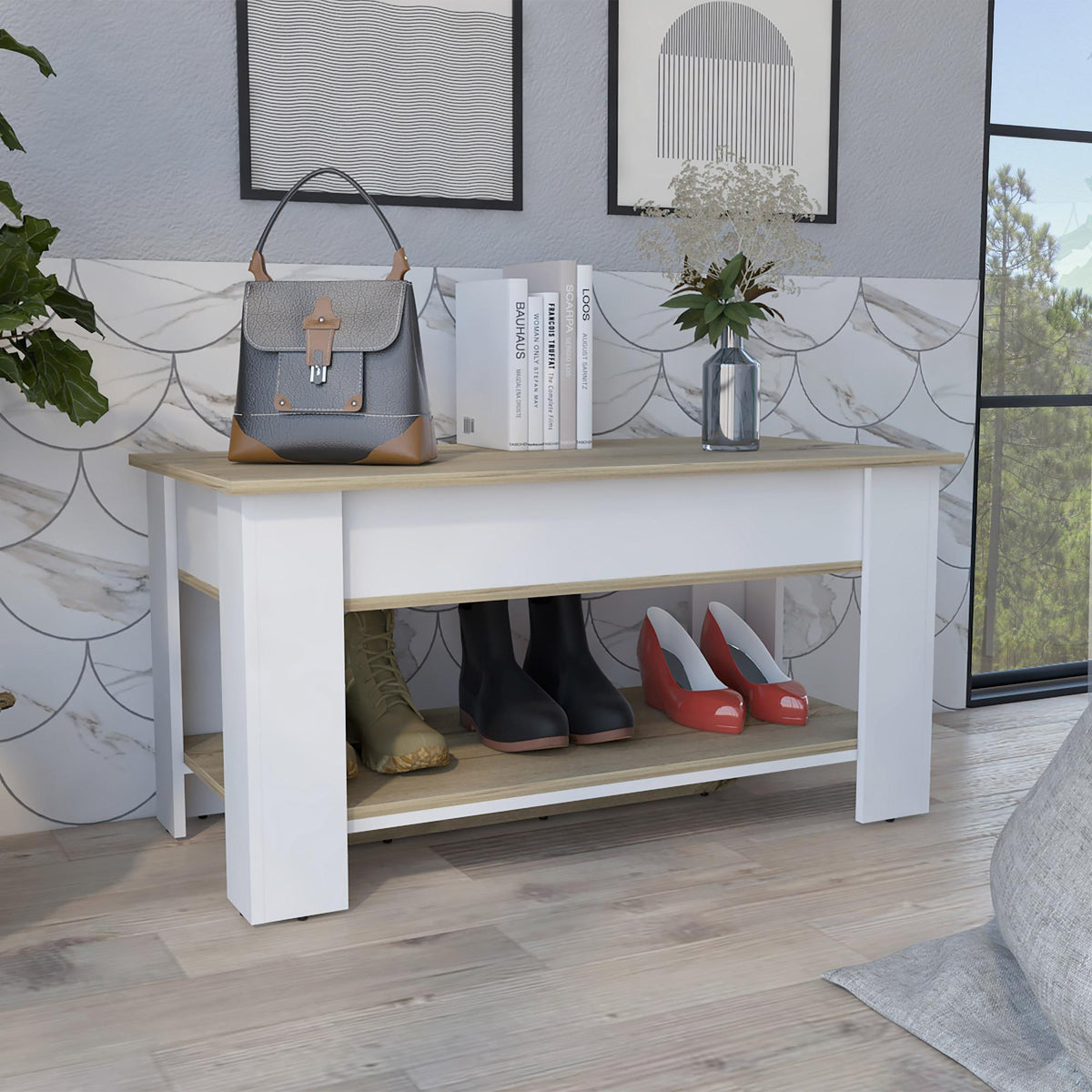 Aria Storage Table, One Extendable Table Shelf, Four Legs, Lower Shelf -Light Oak / White