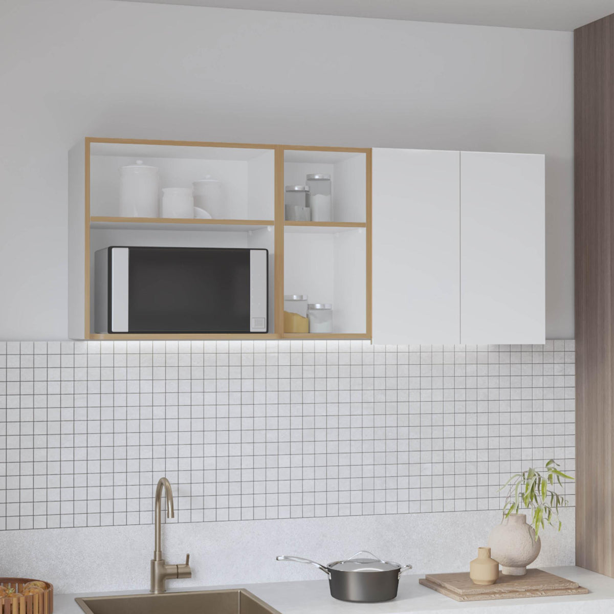 Uranus 59" Wide Two - Door Wall Cabinet with Four Shelves, Drying Rack Dish for Kitchen, Garage, Laundry Room White - Natural Oak