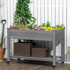 47" x 21" Raised Garden Bed Elevated Wooden Planter Box w/ Lockable Wheels, Storage Shelf for Backyard, Dark Gray