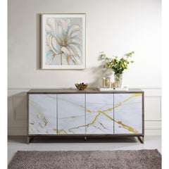Venus White Marble Paint Oak & Champagne Finish Console Cabinet