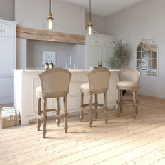 31" Wood Barrel-Back Bar Stool with Swivel and Upholstered Seat and Back, Uptown Gray with Beige Seat and Back, 1PC