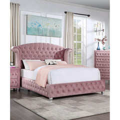 Glam Contemporary Pink Flannelette Upholstered 1pc Queen Size Bed Cabriole Legs Wingback Design Bedroom Furniture