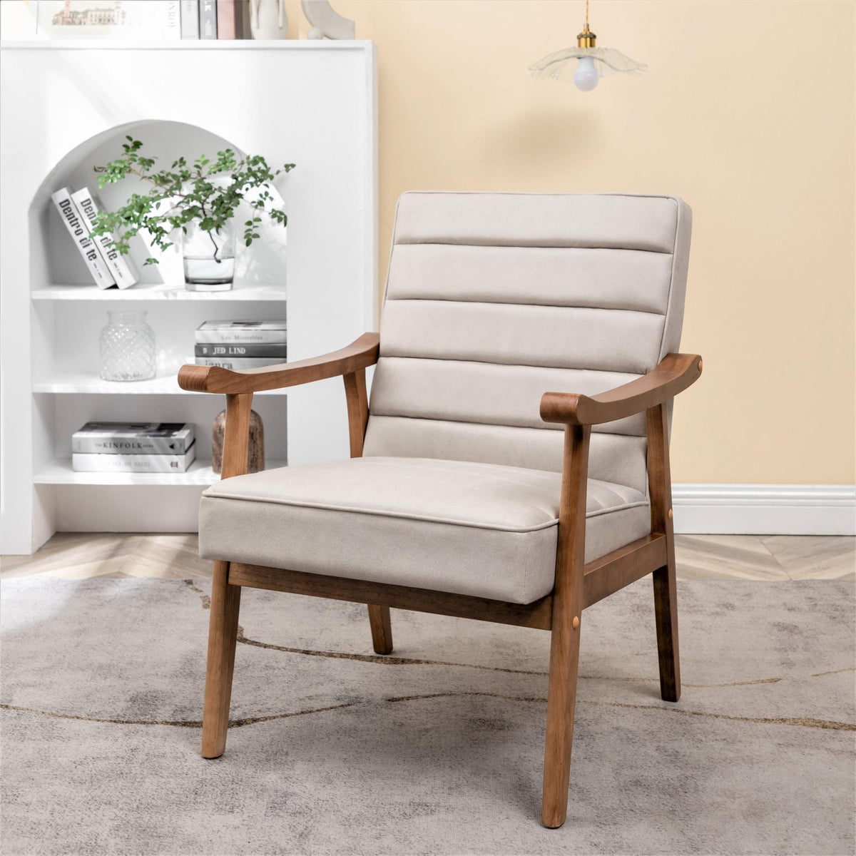 Mid-Century Modern Accent Chair, Solid Wood Frame Leather Look Microfiber Armchair with Open-Framed Arm Design, Plush Padded Seat and Back Cushion for Living Room Bedroom