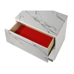 Hecuba Nightstand – Two-Tone High-Gloss Marble & Lacquer Finish with Two Drawers, Velvet-Lined Interior, and a Compact Elegant Design