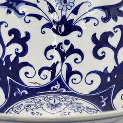Valhalla 16 Inch Decorative Bowl, Ceramic, Floral Design, Blue and White