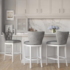 31" Upholstered Bar-Height Swivel Bar Stool with Back, White with Gray Upholstery, 1PC