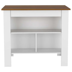 Kitchen Island, kitchen table 35" H, Four Legs, Three Open Storage Shelves, White / Walnut