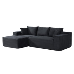 2-Piece Convertible Corduroy L-Shaped Sofa in a Box with Pillows, 3-Seater Modular Sectional Couch, Compressed Living Room Furniture, Black (Left Facing)