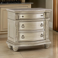 Lyric 35 Inch 3 Drawer Nightstand with Marble Top, Leaf Carvings, Silver