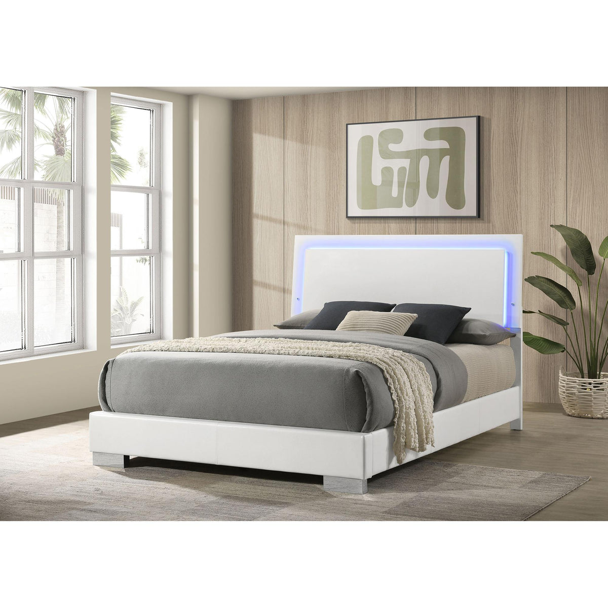 Achilles & Bolton White High Gloss Wood Queen LED Panel Bed