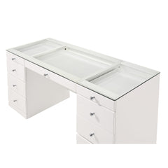 1pc Glam Makeup Vanity Table Glass Top 9 Drawers Knobs White Wooden Bedroom Furniture