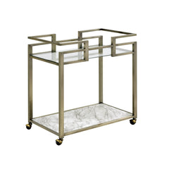 Shangri-La Clear Glass, Faux Marble Top & Wire Brass Finish Serving Cart