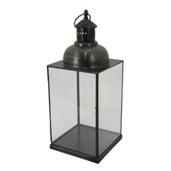 Helen Lantern, Black Metal, Glass Panels, Square Base, 20 Inch Tall