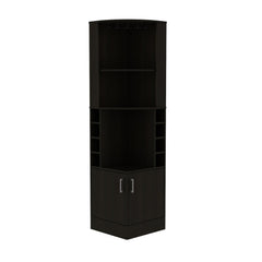 Story Corner Bar Cabinet, Eight Bottle Cubbies, Double Door, Two Open Shelves -Black