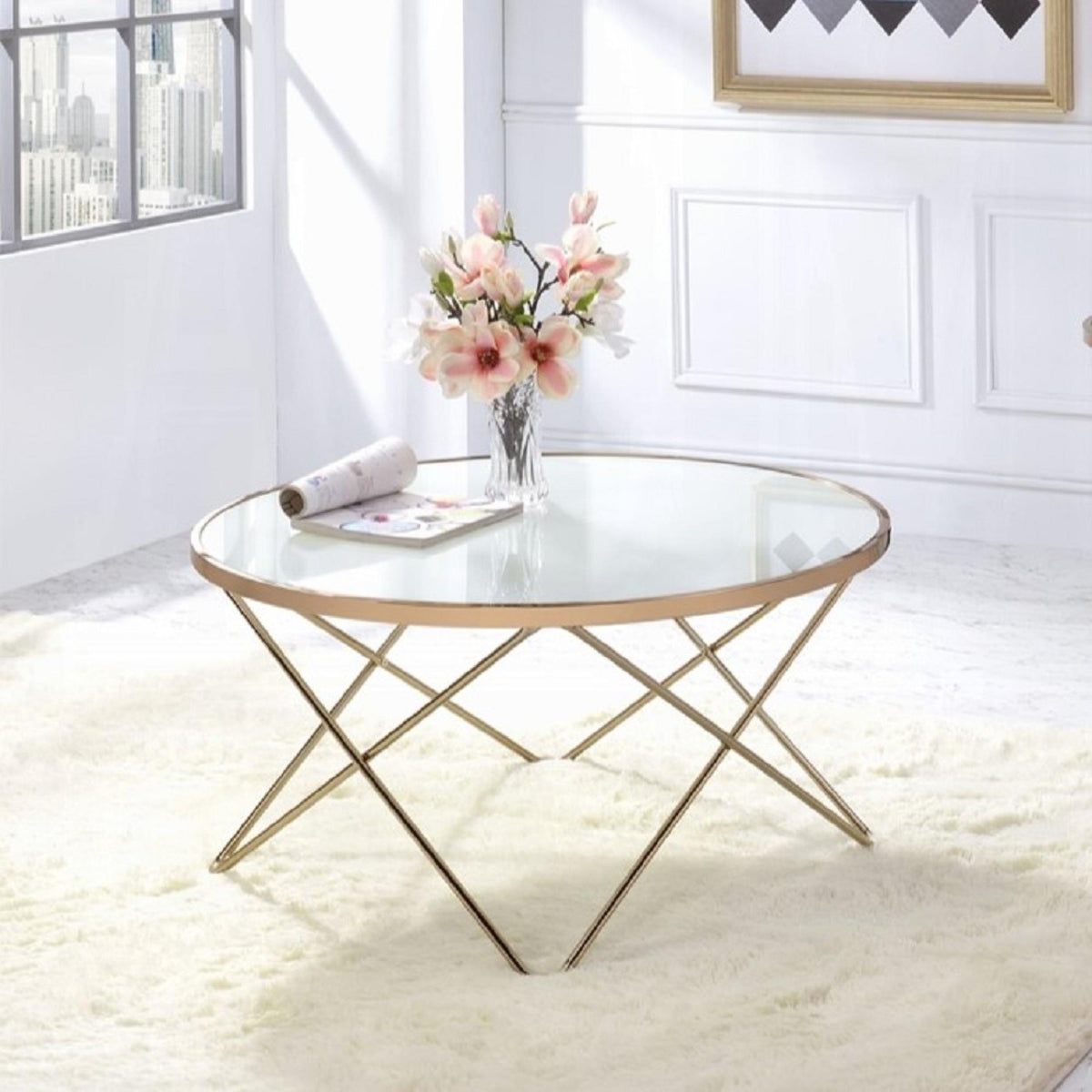 1pc Coffee Table Champagne Finish Frame Round Frosted Glass Top Mid-Century Modern Design Living Room Furniture
