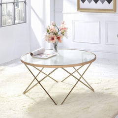 1pc Coffee Table Champagne Finish Frame Round Frosted Glass Top Mid-Century Modern Design Living Room Furniture
