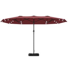 Garden Parasol 14.4ft Double-Sided Sun Umbrella with Base, Patio Parasol with LED Solar Lights, Wine Red