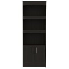Rhea Bookcase, Metal Hardware, Three Shelves, Double Door Cabinet -Black