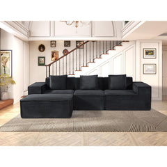 Moon Convertible Corduroy Sectional Couch with Ottoman & Pillows, Modular L Shaped Sleeper Sofa, Boneless Cloud Couch for Living Room Furniture, Black