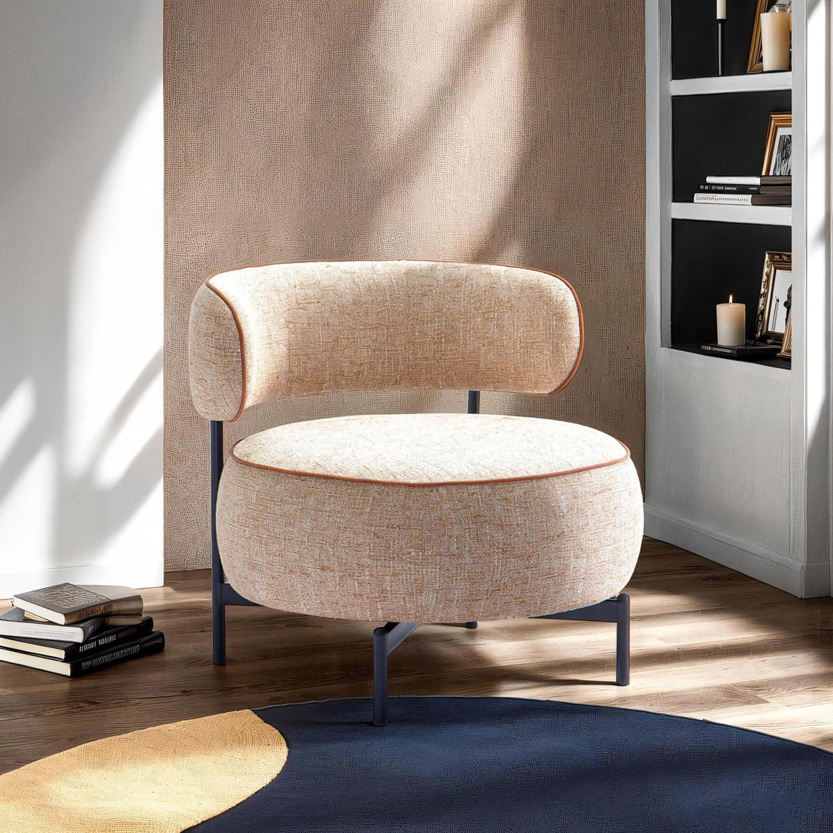 Light Brown Finish Swivel Chair Metal Legs Contemporary Style Curved Backrest Contrast Welt Pocketed Coil