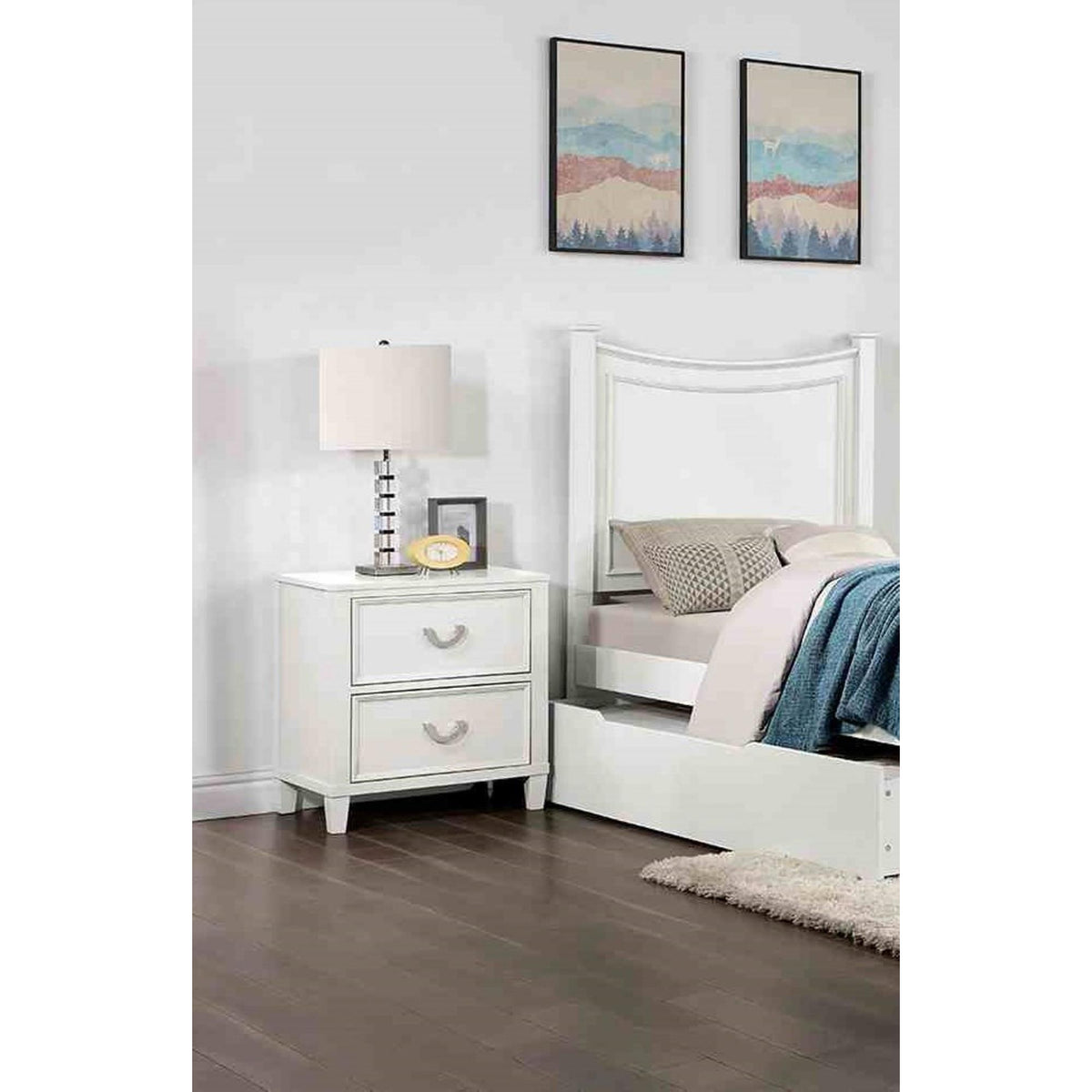 Transitional White 1pc Nightstand Only Dovetail Drawers Solid wood Bedside Table Chrome Hanging Pulls