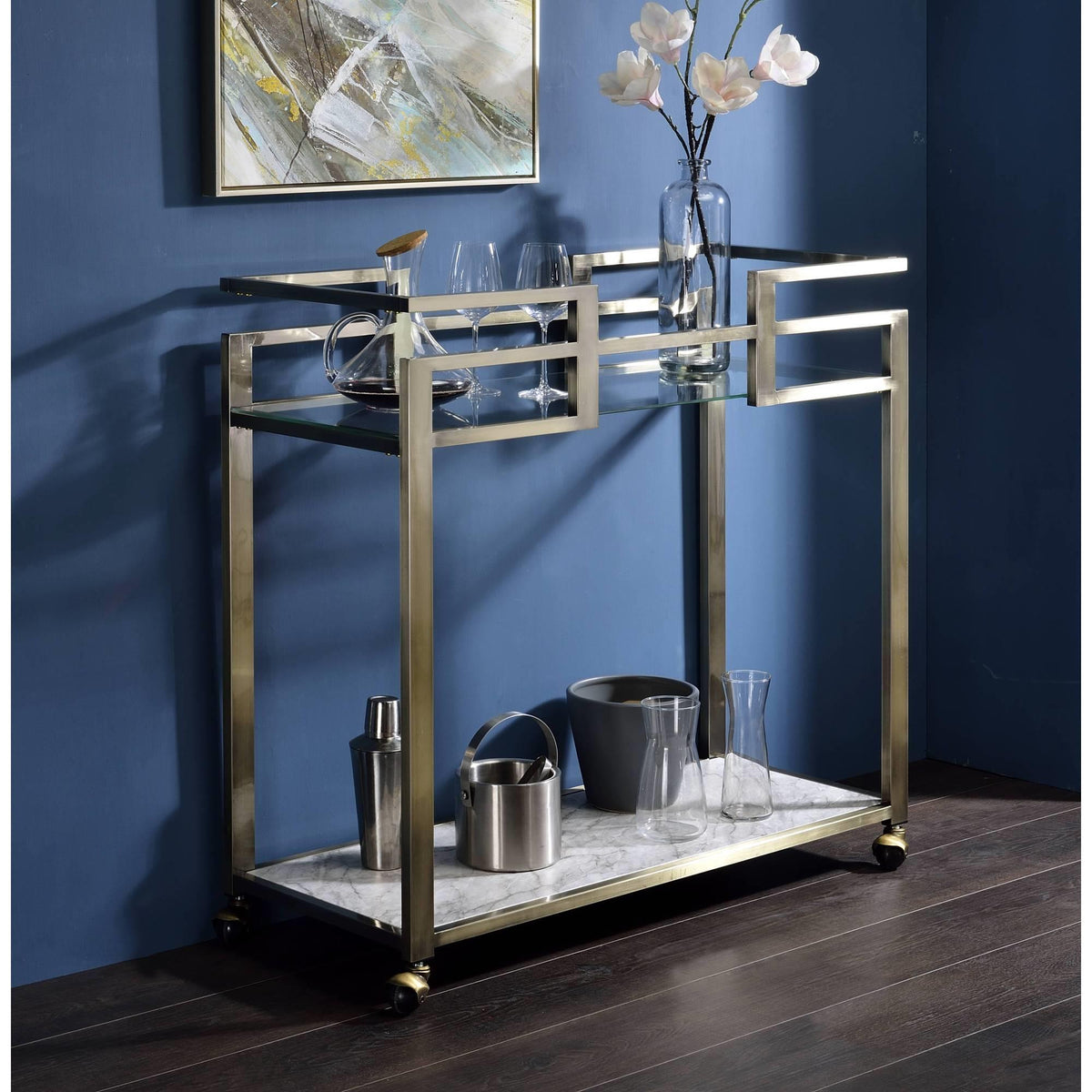 Shangri-La Clear Glass, Faux Marble Top & Wire Brass Finish Serving Cart