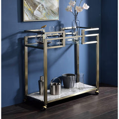 Shangri-La Clear Glass, Faux Marble Top & Wire Brass Finish Serving Cart