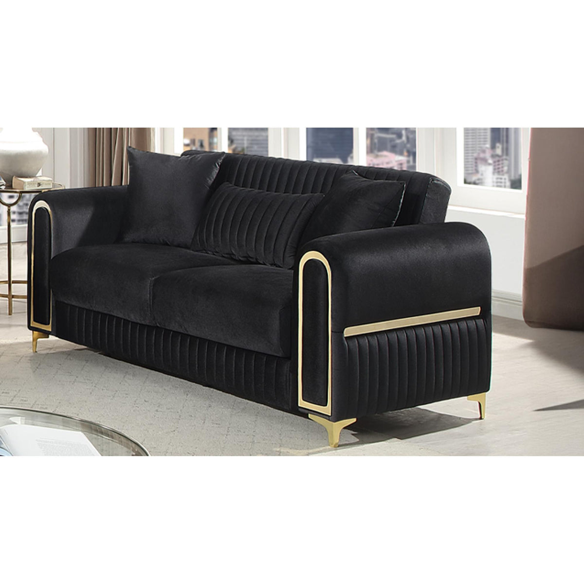Paradise Modern Upholstered Loveseat in Black with Solid Birch Wood Frame, Pocket Coil Seating and Gold Stainless Steel Legs