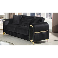 Paradise Modern Upholstered Loveseat in Black with Solid Birch Wood Frame, Pocket Coil Seating and Gold Stainless Steel Legs