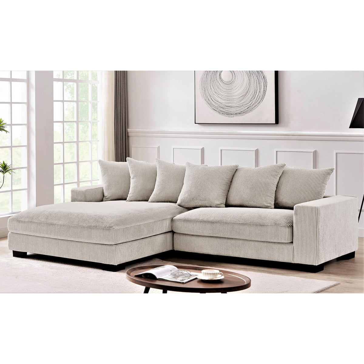 Odysseus Oversized Two-Piece Left Facing Sectional Couches for Living Room, 102.4-Inch L Shaped Sofa with Chaise, Upholstered with Corduroy Fabric, Ivory