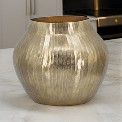 Hercules 13 Inch Modern Vase, Curved Shape, Hammered Texture, Gold Metal Finish