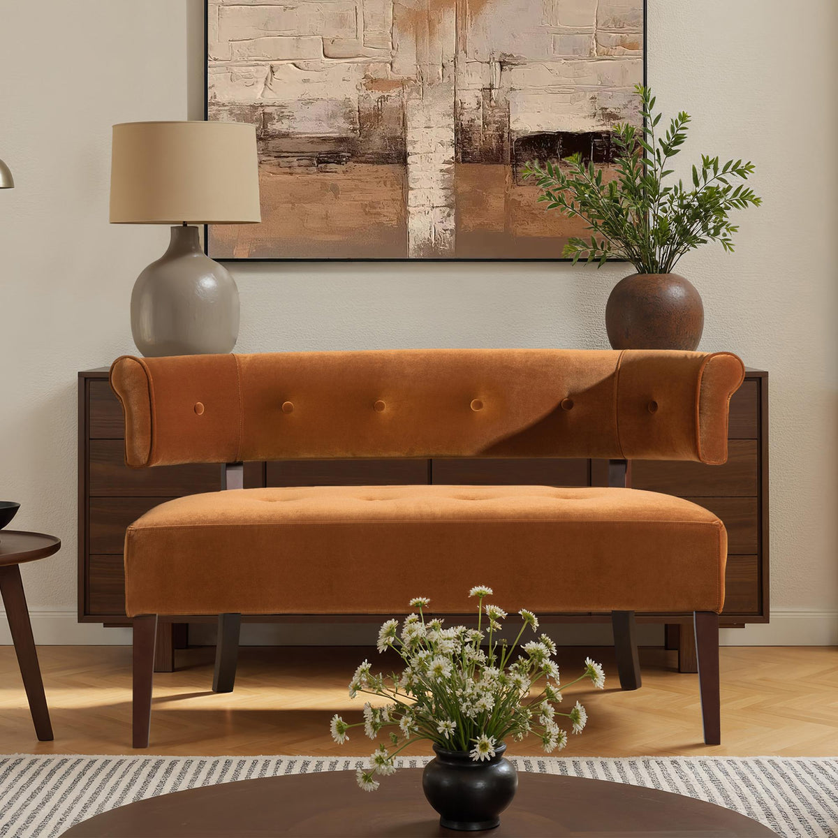 Sun Roll Arm Tufted Bench Settee, Burnt Orange Performance Velvet