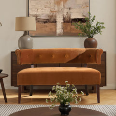 Sun Roll Arm Tufted Bench Settee, Burnt Orange Performance Velvet