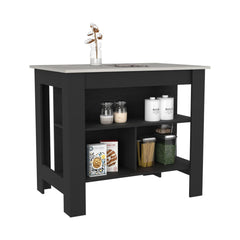 Kitchen Island Dozza, Three Shelves, Black / Ibiza Marble Color Finish