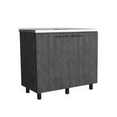 Pulsar 2 Utility Sink with Cabinet, Stainless Steel Countertop, Interior Shelf Smokey Oak