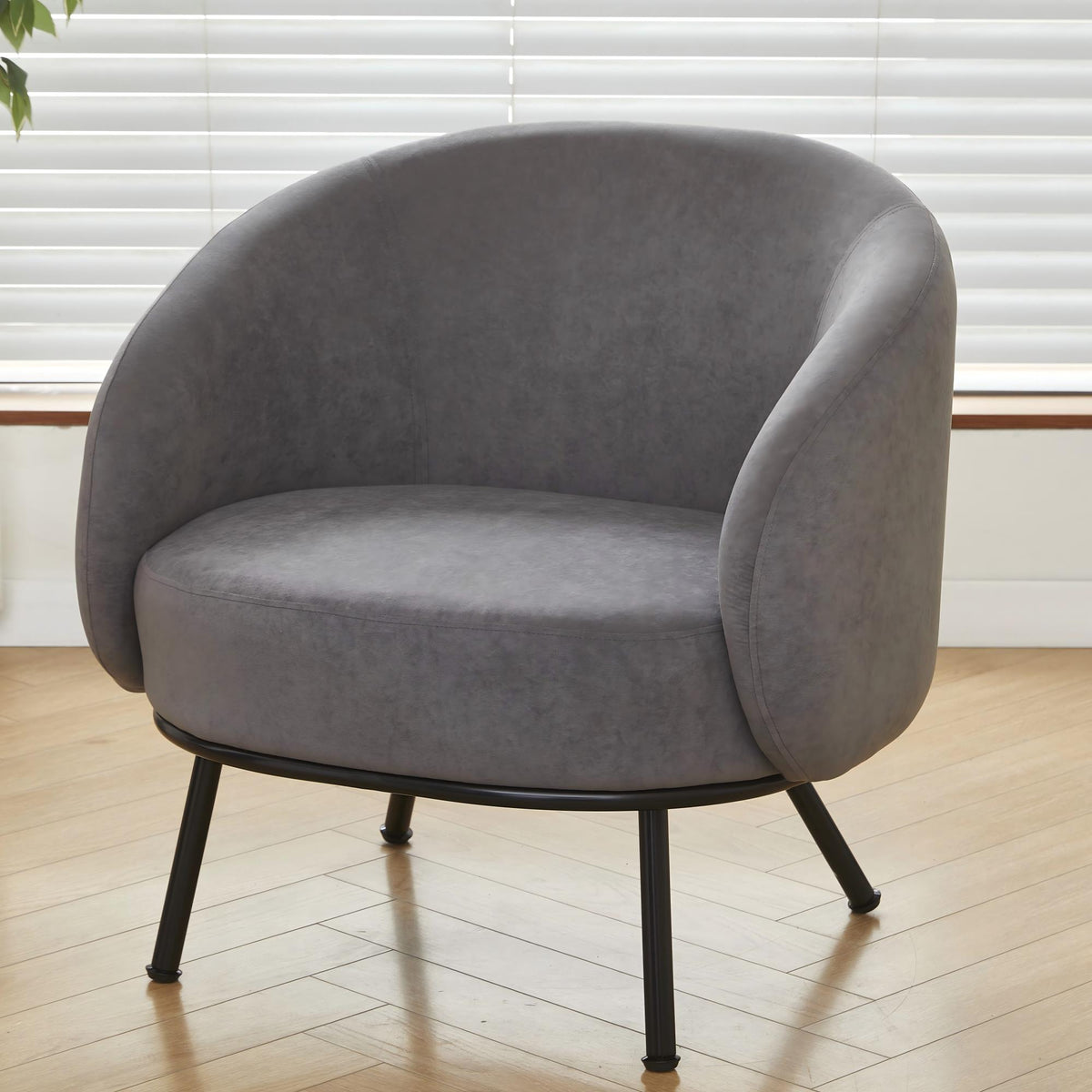 Mid-Century Modern Velvet Accent Chair, Upholstered Barrel Armchair with Metal Legs, Comfy Single Sofa Chair for Living Room Bedroom