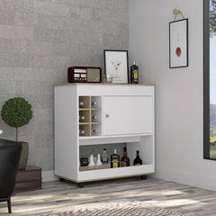 Helen Bar Cart, Lower Panel, Six Bottle Cubbies, One Cabinet -Light Oak / White