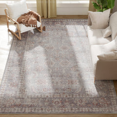 Machine Washable Area Rug 8x10, Non-Slip Traditional Flower Print Floor Carpet for Living Room, Bedroom, Grey and Brown