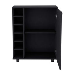 Bar -coffee cart 32" H, Kitchen or living room cabinet storage with  4 wheels, with 6 bottle racks, a central shelf covered by 1 door, ideal for storing glasses and snacks, Black
